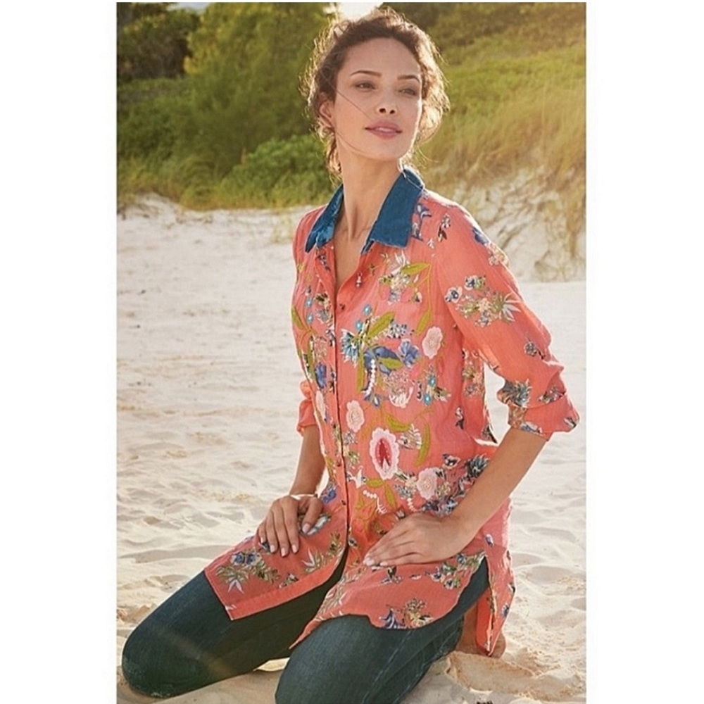 Soft Surroundings Malorie Embroidered Floral M Shirt Lightweight Velvet Top Gems